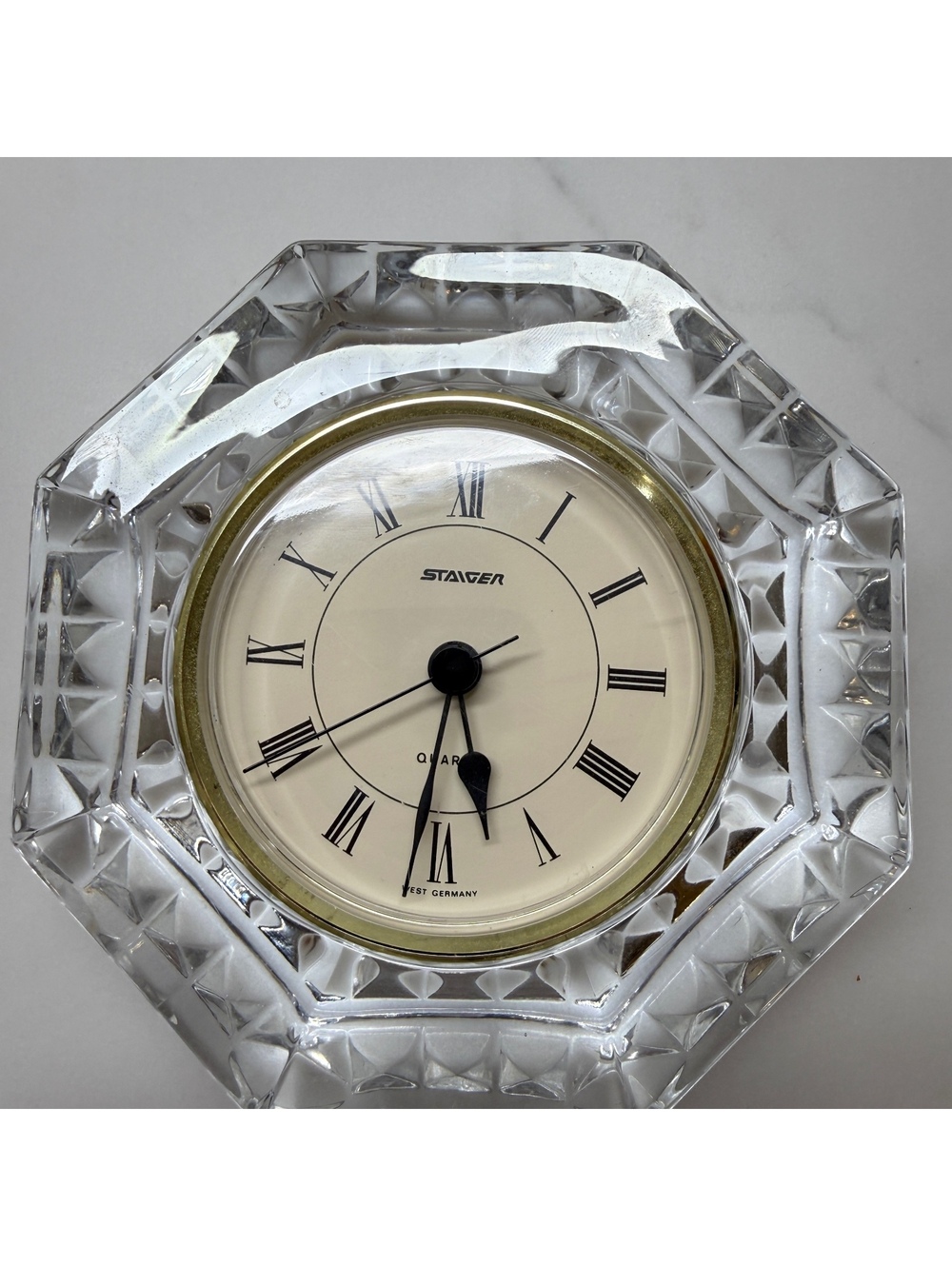 Vintage Staiger Desk Clock 24% French Lead Crystal Case, W. Germany Quartz Move